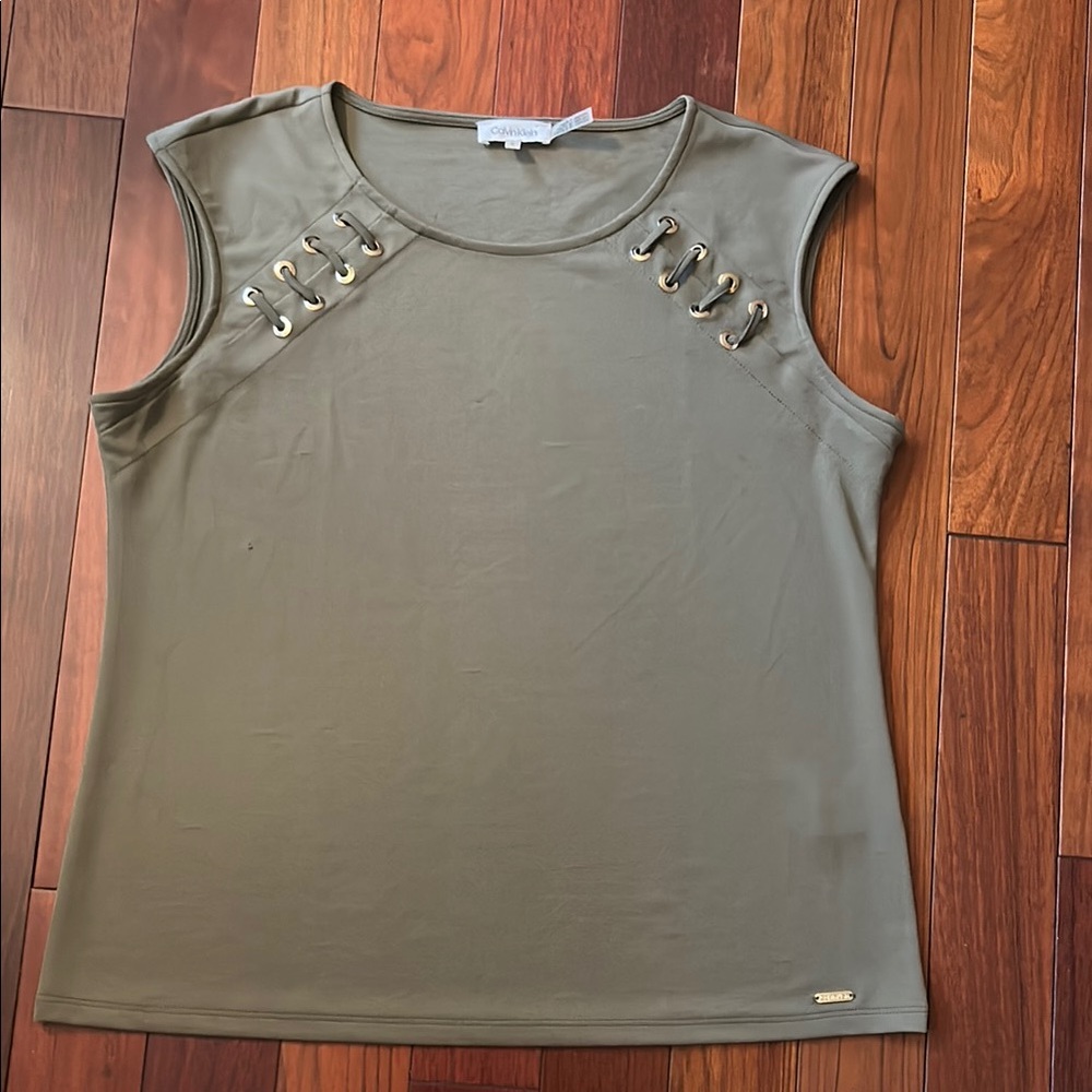 Calvin Klein Green Embellished Cap Sleeve Muscle Tee